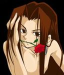  1boy asakura_hao flower long_hair lowres male male_focus rose shaman_king simple_background solo topless 