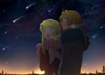  blonde_hair blue_eyes breath coat couple earrings edward_elric fullmetal_alchemist gloves jacket jewelry long_hair night ponytail riru scarf shooting_star star stars sunset winry_rockbell winter yellow_eyes 