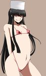  1girl alucard alucard_(hellsing) bikini contrapposto cowboy_shot evil_grin evil_smile flat_chest from_side fur_hat genderswap girlycard grin hat hellsing highres hikora long_hair nipples simple_background smile solo swimsuit 