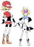  2girls aero aero_(yoshikawa_tatsuya) blonde_hair capcom character_request choker female fingerless_gloves gloves goggles hat hatiya midriff miniskirt multiple_girls original rockman rockman_dash rockman_dash_3 roll_caskett short_hair shorts single_thighhigh skirt spandex thighhighs 