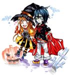  1boy 1girl arrancar black_hair bleach cape chibi costume espada halloween hat head_wings hollow inoue_orihime jack-o'-lantern patterned_legwear striped striped_legwear two-tone_stripes ulquiorra_cifer ulquiorra_schiffer wand witch_hat 