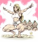  3boys armpits barefoot big_belly blonde_hair blue_eyes blush breasts crossover dairoku_tenma edmond_honda eighth_note fundoshi ganryu_(tekken) hand_wraps japanese_clothes long_hair low-tied_long_hair mawashi medium_breasts midriff multiple_boys multiple_crossover muscle muscular_female musical_note nose outstretched_arms shijou_hinako sports_bra squatting street_fighter sumo taka-arashi tekken the_king_of_fighters thick_thighs thighs toes virtua_fighter whistling 