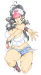  baseball_cap black_eyes black_hair boots breasts cutoffs denim denim_shorts hat highres holding holding_poke_ball huge_breasts knees kyuraa_(kyura9een) legs lips long_hair midriff navel one_eye_closed one_knee open_mouth outstretched_hand poke_ball pokemon pokemon_(game) pokemon_bw ponytail pose short_shorts shorts solo touko_(pokemon) vest wavy_hair wristband 