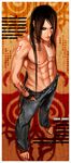  1boy artist_request brown_hair character_request denim earrings full_body jeans jewelry jinx-star long_hair male male_focus muscle necklace pants piercing sandals solo source_request tattoo topless very_long_hair 