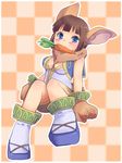 animal_ears blue_eyes blush boots breasts brown_hair bunny_ears bunny_tail carrot chrono_(series) chrono_cross female full_body fur janice_(chrono_cross) mouth_hold paws short_hair sitting solo suxu3bluebell tail 