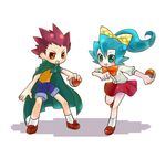  blue_hair bow cape gym_leader hair_bow ibuki_(pokemon) poke_ball pokeball pokemon pokemon_champion red_hair skirt wataru_(pokemon) young younger 