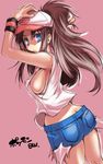  ass baseball_cap blue_eyes breasts brown_hair erect_nipples hands_on_head hat long_hair looking_back messy_hair open_mouth pokemon pokemon_(game) pokemon_black_and_white ponytail shorts side_boob sideboob tokita_monta touko_(pokemon) white_(pokemon) 