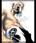  1boy blue_eyes earrings gas_mask gauge gauged_ears jewelry male male_focus mask multicolored_hair solo striped topless two-tone_hair white_hair 