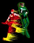  2girls abs absurdres bare_shoulders blonde_hair bodysuit boots brown_hair dc_comics earth_11 fast female flash_(series) genderswap gloves green_eyes green_lantern green_lantern_(series) highres jesse_quick jewelry latex lightning_bolt long_hair mask motion_blur multiple_girls muscle muscular ponytail ring rings short_hair skin_tight the_flash vitamins_si 