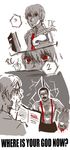  artist_request blood chest_hair death_note english facial_hair foaming_at_the_mouth freddie_mercury highres manly monochrome multiple_boys mustache red_eyes ryuk sakigake!!_cromartie_koukou severed_head spot_color suspenders yagami_light 