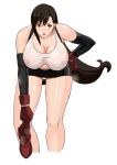  1girl 78_(tky8) bare_legs black_gloves black_hair bow breasts cleavage covered_nipples elbow_gloves final_fantasy final_fantasy_vii gloves hairband holding holding_shoes large_breasts long_hair looking_at_viewer nipples open_mouth red_eyes red_gloves shirt shoes shorts simple_background solo sports_bra standing sweat tifa_lockhart wet wet_clothes wet_shirt white_background 