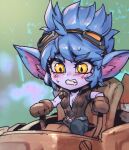  1girl bangs belt blue_hair body_fur breasts brown_gloves brown_shirt clenched_teeth colored_skin fang genderswap genderswap_(mtf) gloves goggles goggles_on_head league_of_legends pants phantom_ix_row pointy_ears rumble_(league_of_legends) shiny shiny_hair shirt short_sleeves sitting small_breasts teeth yellow_eyes yordle 