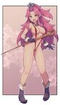  1girl :d alternate_costume angela_(seiken_densetsu_3) bare_shoulders blush boots breasts cleavage female_pubic_hair full_body gloves green_eyes hat highres lamb-oic029 long_hair looking_at_viewer medium_breasts open_mouth pointy_ears pubic_hair purple_hair seiken_densetsu seiken_densetsu_3 slingshot slingshot_swimsuit smile solo staff standing swimsuit very_long_hair 