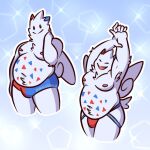  2022 absurd_res anthro anthrofied armpit_hair belly big_belly body_hair bulge clothing generation_4_pokemon hi_res humanoid_hands male moobs navel nintendo nipples overweight overweight_male pokemon pokemon_(species) ratasstouille solo stretching togekiss underwear video_games 