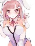  1girl animal_ears bangs bare_shoulders breasts brown_hair cleavage collarbone commentary_request danganronpa_(series) danganronpa_2:_goodbye_despair detached_collar fake_animal_ears fake_tail flipped_hair galaga hair_ornament kaeru_no_ko large_breasts leotard looking_at_viewer medium_hair mole mole_on_breast nanami_chiaki neck_ribbon playboy_bunny rabbit_ears rabbit_tail ribbon solo strapless strapless_leotard tail wrist_cuffs 