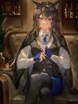  1girl absurdres alcohol animal_ear_fluff animal_ears arknights black_hair black_pantyhose black_vest blue_gloves blue_necktie blue_skirt bottle closed_mouth collared_shirt couch crossed_legs cup drinking_glass ergouzi_echo formal gloves highres indoors long_hair long_sleeves looking_at_viewer necktie pantyhose red_eyes shirt sitting skirt solo tail texas_(arknights) texas_the_omertosa_(arknights) vest whiskey white_shirt wine_bottle wine_glass wolf_ears wolf_girl wolf_tail 