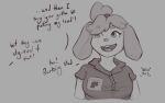  2021 animal_crossing anthro breasts canid canine canis clothing dialogue domestic_dog english_text female grey_background hair humor isabelle_(animal_crossing) looking_up mammal mewmus nintendo pun shirt simple_background smile solo text topwear unseen_character video_games 