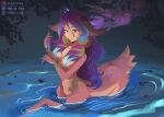  1girl absurdres animal_ears bangs bare_shoulders body_fur breasts centaur closed_mouth collarbone flower hair_flower hair_ornament highres holding large_breasts league_of_legends lillia_(league_of_legends) long_hair multicolored_hair navel odeko_yma petals petals_on_liquid purple_hair shiny shiny_skin smile solo taur wading water wet wet_hair 