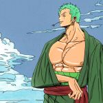  1boy abs absurdres bara bare_pectorals earrings green_hair highres jewelry large_pectorals long_sideburns looking_to_the_side male_focus mint mouth_hold muscular muscular_male nipples one_piece pectorals rocckart roronoa_zoro scar scar_across_eye short_hair sideburns single_earring sky smile solo upper_body 