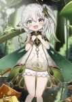  +_+ 1girl :d absurdres aranara_(genshin_impact) bangs bare_shoulders blurry blurry_background blush commentary_request day depth_of_field dress feet_out_of_frame forest genshin_impact gradient_hair green_eyes green_hair grey_hair hair_between_eyes highres jiu_(sdesd3205) long_hair looking_at_viewer multicolored_hair nahida_(genshin_impact) nature outdoors short_shorts shorts shorts_under_dress side_ponytail sleeveless sleeveless_dress smile solo_focus standing tree white_dress white_shorts 