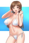  1girl :d bikini blush breasts brown_eyes brown_hair collarbone highres idolmaster idolmaster_cinderella_girls large_breasts long_hair navel nitta_minami open_mouth side-tie_bikini_bottom smile solo standing swimsuit thighs tomajiyama wet white_bikini 