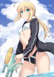  1girl ahoge artoria_pendragon_(fate) artoria_pendragon_(swimsuit_archer)_(fate) bangs bikini black_bikini black_jacket blonde_hair cross_(crossryou) day fate/grand_order fate_(series) groin highres holding holding_water_gun hood hooded_jacket jacket long_sleeves looking_at_viewer navel open_clothes open_jacket outdoors ponytail shiny shiny_hair solo swimsuit wading water_gun white_bikini 