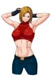  1girl 78_(tky8) abs adjusting_hair armpits arms_up belt black_gloves blonde_hair blue_eyes blue_mary breasts cleavage collarbone covered_nipples denim fingerless_gloves gloves jeans looking_at_viewer muscular muscular_female nipples pants short_hair simple_background solo sports_bra stomach the_king_of_fighters vest white_background 