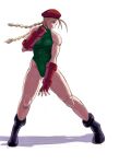 1girl 78_(tky8) abs bangs bare_legs blonde_hair blue_eyes bodysuit boots boxing_gloves braid cammy_white fingerless_gloves gloves hat long_hair looking_to_the_side muscular muscular_female open_mouth peaked_cap red_gloves shadow simple_background solo standing stomach street_fighter twin_braids twintails white_background 