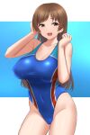  1girl :d blue_one-piece_swimsuit blush breasts brown_eyes brown_hair cleavage collarbone competition_swimsuit highres idolmaster idolmaster_cinderella_girls large_breasts long_hair looking_at_viewer nitta_minami one-piece_swimsuit open_mouth smile solo standing swimsuit thighs tomajiyama 