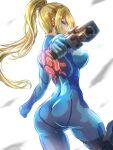  1girl absurdres artist_name ass bangs blonde_hair blue_bodysuit blue_eyes bodysuit breasts clear_glass_(mildmild1311) closed_mouth commentary_request from_behind highres holding holding_weapon lips long_hair long_sleeves looking_at_viewer looking_back medium_breasts metroid paralyzer ponytail samus_aran shiny shiny_clothes shiny_hair signature simple_background skin_tight solo weapon white_background zero_suit 