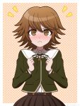  1boy bangs blush brown_eyes brown_hair brown_skirt clenched_hands cowboy_shot danganronpa:_trigger_happy_havoc danganronpa_(series) dress_shirt frown fujisaki_chihiro green_jacket hands_up highres jacket looking_at_viewer medium_hair neck_ribbon notice_lines otoko_no_ko pleated_skirt ribbon shiny shiny_hair shirt shirt_tucked_in skirt solo suiren_yurei white_shirt 