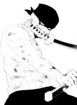  1boy bandana blood blood_on_face bruise dual_wielding feet_out_of_frame fighting_stance green_hair greyscale highres holding injury looking_at_viewer male_focus monochrome mouth_hold one_piece roronoa_zoro scar scar_across_eye short_hair solo toned toned_male udon_oneday 