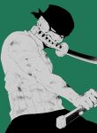  1boy bandana blood blood_on_face bruise dual_wielding feet_out_of_frame fighting_stance green_background green_hair green_theme highres holding injury looking_at_viewer male_focus mouth_hold one_piece roronoa_zoro scar scar_across_eye short_hair solo toned toned_male udon_oneday 