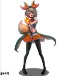  1girl alternate_costume animal_ears aqua_shirt arm_up ascot bangs black_choker black_footwear black_pantyhose blue_eyes blush braixen braixen_(cosplay) breasts brown_hair choker commentary_request cosplay crop_top fang fire fox_ears fox_tail full_body gloves hair_between_eyes happy highres holding holding_stick korean_text layered_skirt legs_apart looking_at_viewer midriff miniskirt navel open_mouth orange_skirt outstretched_arm pantyhose pigeon-toed pokemon pokemon_(anime) pokemon_xy_(anime) serena_(pokemon) shirt shoes short_hair short_sleeves sidelocks simple_background skirt small_breasts smile solo standing stick stomach tail tiara translation_request waist_cape white_background white_gloves wide-eyed yukadm 