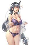  1girl black_hair blush bra breasts cleavage collarbone commission cowboy_shot fusou_(kancolle) groin hair_between_eyes hair_ornament headband highres kantai_collection kokuzou large_breasts long_hair low-tied_long_hair navel open_mouth panties purple_bra purple_panties red_eyes simple_background skeb_commission solo underwear white_background white_headband 