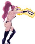  1girl 78_(tky8) ass back bangs bare_back bare_shoulders bikini boots breasts captain_commando carol_(captain_commando) cleavage fork hairband high_heels holding holding_fork holding_weapon large_breasts long_hair muscular muscular_female open_mouth pink_eyes pink_hair ponytail shadow sideboob simple_background solo standing swimsuit thigh_boots weapon white_background 