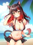  1girl animal_ears armpits avatar_(ff14) bare_arms bare_shoulders beach bikini bikini_skirt black_bikini black_hair breasts cat_ears cat_girl cat_tail cleavage commission cowboy_shot day facial_mark final_fantasy final_fantasy_xiv hand_up highleg highleg_bikini highres jirafuru large_breasts long_hair looking_at_viewer miqo&#039;te multi-strapped_bikini multicolored_hair navel outdoors parted_lips red_hair skindentation solo standing stomach streaked_hair string_bikini swimsuit tail thigh_gap thighs two-tone_bikini two-tone_hair yellow_eyes 