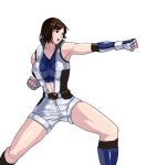  1girl 78_(tky8) arm_up armpits bangs belt black_eyes black_hair boots boxing_gloves collarbone eyebrows_hidden_by_hair fingerless_gloves gloves kazama_asuka looking_ahead muscular open_clothes open_mouth punching short_hair shorts simple_background solo sports_bra tekken vest white_background 
