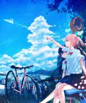  2girls absurdres bangs bicycle blue_hair blue_skirt blue_sky bottle bow bowtie city cityscape cloud day grey_eyes ground_vehicle highres kenzo_093 looking_up mountainous_horizon multiple_girls ocean orange_eyes original paper_airplane pink_hair pleated_skirt red_bow scenery school_uniform shirt short_sleeves sidelocks sign sitting sitting_on_bench skirt sky tree twintails water_bottle white_shirt 