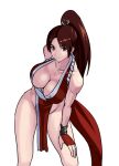  1girl 78_(tky8) bangs bare_arms bare_legs bare_shoulders breasts brown_eyes brown_hair cleavage collarbone eyebrows_hidden_by_hair fingerless_gloves gloves hairband large_breasts long_hair looking_at_viewer ponytail red_gloves shiranui_mai simple_background solo the_king_of_fighters white_background 