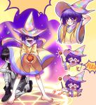  2boys barefoot basketball black_eyes black_hair blush colored_skin hat highres kel_(omori) linglanjunying looking_at_viewer multiple_boys omori omori_(omori) open_mouth pet_rock purple_eyes purple_hair short_hair smile white_skin wizard_hat 