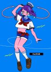  1girl alternate_costume anna_(aannnaa3) arm_up audio_jack bangs blue_background blue_sailor_collar blue_shorts blunt_bangs blush boku_no_hero_academia brown_footwear closed_mouth commentary_request full_body grey_eyes hat highres jirou_kyouka midriff navel purple_hair sailor_collar sailor_hat sailor_shirt shirt shoes short_hair short_shorts short_sleeves shorts simple_background socks solo white_shirt white_socks 