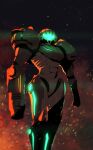  1girl absurdres arm_cannon armor embers feet_out_of_frame helmet highres lens_flare metroid metroid_prime_2:_echoes metroid_prime_3:_corruption neon_trim opaque_helmet pauldrons power_armor power_suit_(metroid) r3dfive samus_aran shoulder_armor smoke solo standing varia_suit visor_(armor) weapon 