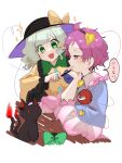  2girls :d animal_ears black_hairband black_headwear blouse blue_shirt bow cat cat_ears commentary flame-tipped_tail food frilled_shirt_collar frilled_sleeves frills green_bow green_eyes green_hair hair_ornament hairband half-closed_eyes hand_on_own_chin hat hat_bow hat_ribbon heart heart_hair_ornament heart_of_string highres kaenbyou_rin kaenbyou_rin_(cat) komeiji_koishi komeiji_satori komori_(komo_ricecake) long_sleeves looking_ahead looking_at_another multiple_girls nekomata out_of_frame pink_eyes pink_hair pink_skirt pocky profile reiuji_utsuho reiuji_utsuho_(bird) ribbon shirt short_hair siblings sisters skirt smile speech_bubble third_eye touhou translated wide_sleeves yellow_bow yellow_shirt 