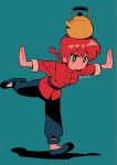  1girl aqua_background blush_stickers braid braided_ponytail breasts closed_mouth full_body highres kettle menma_(enaic31) ranma-chan ranma_1/2 red_hair shadow simple_background solo standing standing_on_one_leg twitter_username 