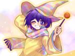  1boy basketball blush grin hat highres holding holding_wand kel_(omori) linglanjunying long_sleeves looking_at_viewer omori one_eye_closed parted_lips pet_rock purple_eyes purple_hair scarf short_hair smile solo teeth wand wizard_hat 