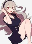  1girl bangs bare_shoulders black_dress black_hairband blush breasts corrin_(fire_emblem) corrin_(fire_emblem)_(female) do_m_kaeru dress fire_emblem fire_emblem_fates frilled_dress frills grey_background grey_hair hair_between_eyes hairband large_breasts long_hair looking_at_viewer open_mouth pointy_ears red_eyes simple_background sleeveless sleeveless_dress smile solo thighs wavy_hair 