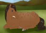  ambiguous_gender blue_eyes brown_body brown_hair brown_mane brown_tail digital_media_(artwork) dolero equid equine feral hair hooves horse looking_back lying mammal mane on_front simple_background solo theodrekr 