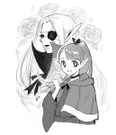  1boy 1girl bad_id bad_twitter_id dungeon_meshi elf eyelashes eyepatch flower frs2 greyscale high_collar long_hair looking_at_viewer looking_to_the_side marcille monochrome pointy_ears ponytail robe rose smile succubus_(dungeon_meshi) 