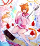  1girl ahoge animal_ears bare_legs barefoot blonde_hair blue_eyes brown_eyes cake cat cat_ears cat_girl cat_tail food fork fruit full_body happy_birthday heterochromia holding holding_fork hood hood_down hooded_sweater original pink_sleeves shibanme_tekikumo shiny shiny_hair short_hair sitting sleeves_past_fingers sleeves_past_wrists solo strawberry sweater tail white_sweater 